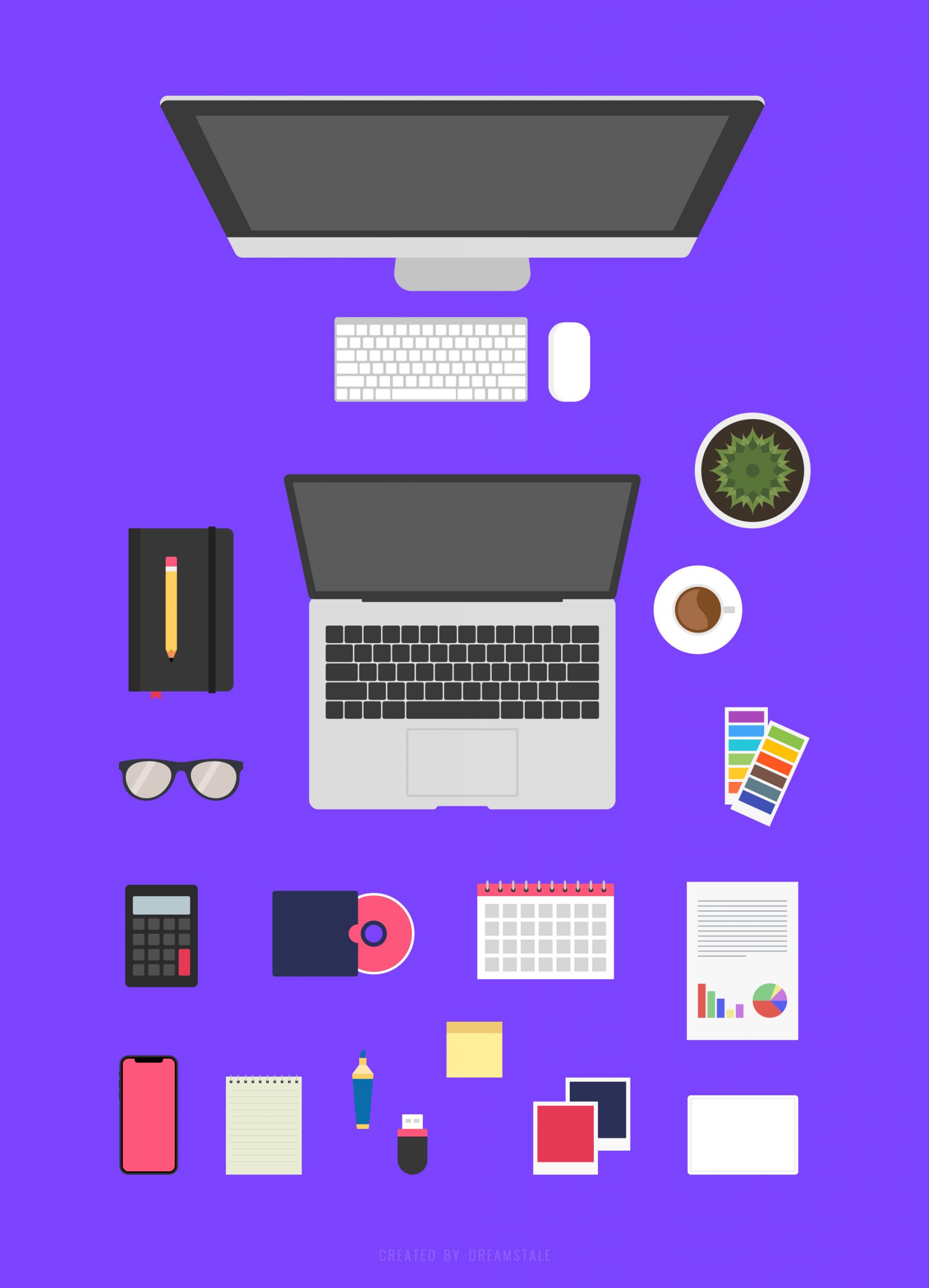 Desk Office Flat Vector Elements - Dreamstale