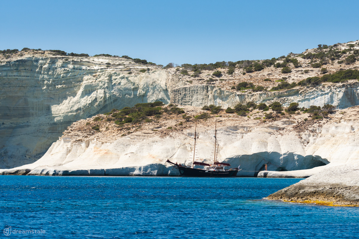 Wooden Sailing Ship in Milos Island Stock Photo